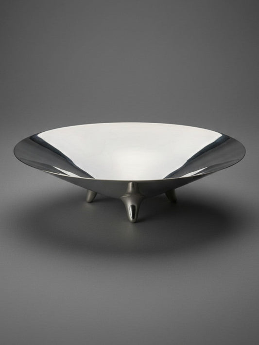 Atlas & Arden vintage Reed & Barton silverplate modernist footed bowl with a rounded-triangular shape and teardrop feet.