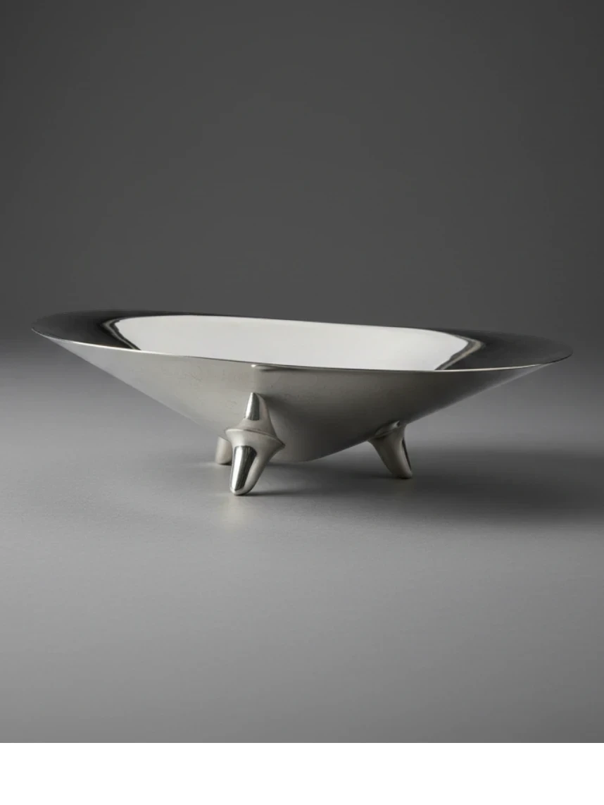 Atlas & Arden vintage Reed & Barton silverplate modernist bowl with three teardrop feet on a grey background.