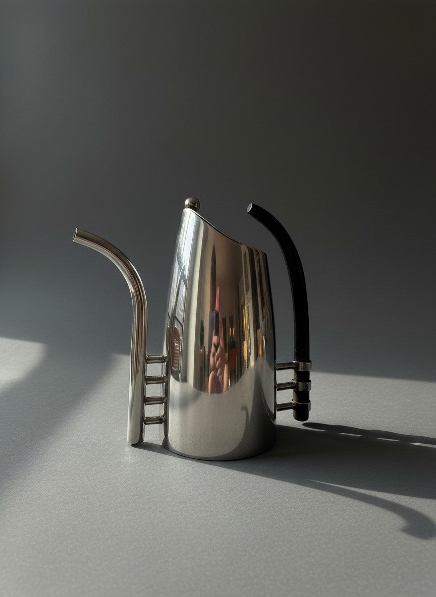 Atlas & Arden postmodern silver-plated coffee pot by Lino Sabattini with a sculptural ebony handle and conical form.