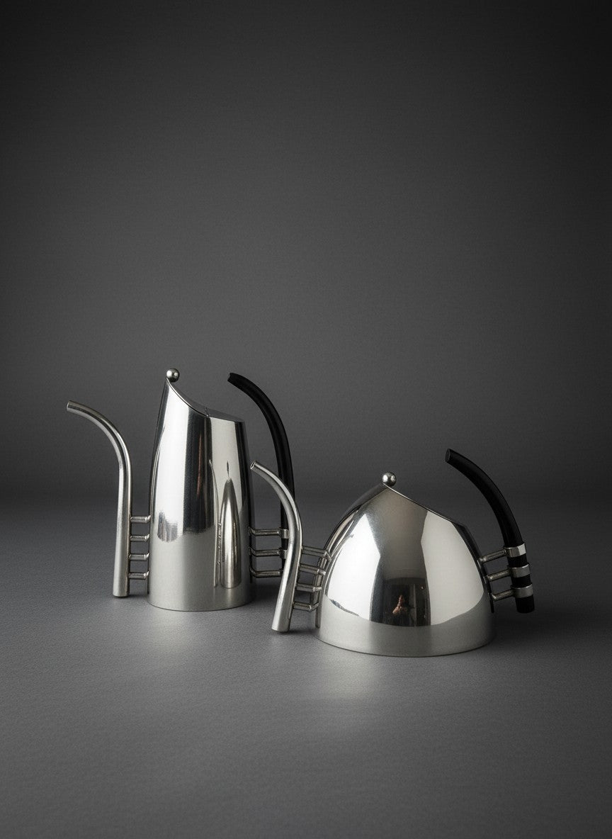Atlas & Arden postmodern silver-plated coffee and tea set by Lino Sabattini with sculptural ebony handles.