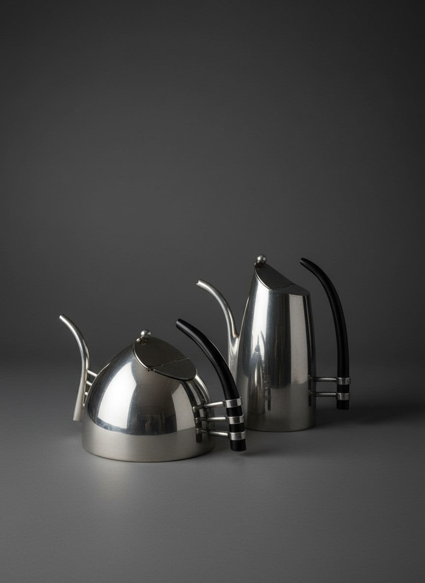 Atlas & Arden postmodern silver-plated coffee and tea set attributed to Lino Sabattini with sculptural ebony handles.