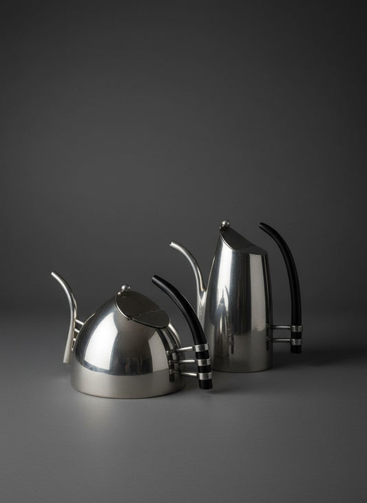 Atlas & Arden postmodern silver-plated coffee and tea set by Lino Sabattini with sculptural ebony handles.