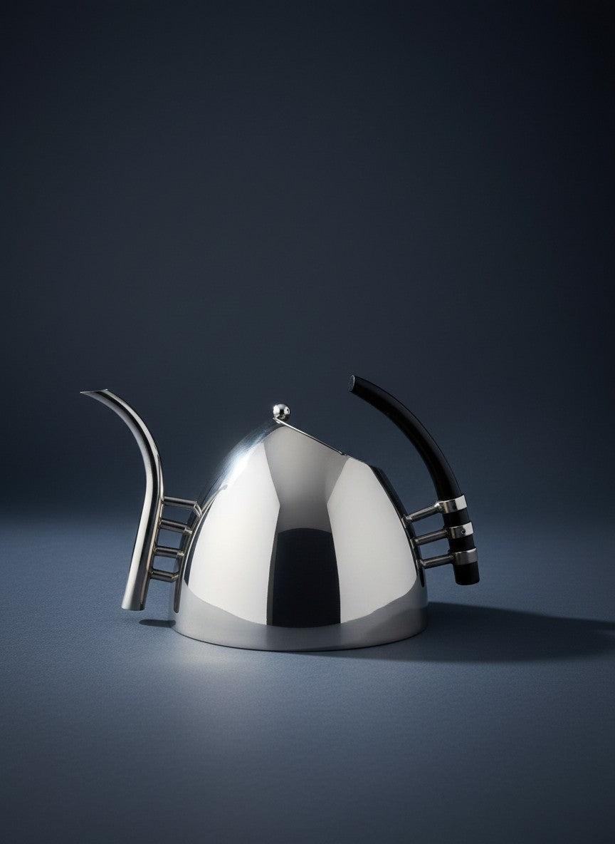 Atlas & Arden postmodern silver-plated tea pot by Lino Sabattini with a conical body and curved ebony handle.
