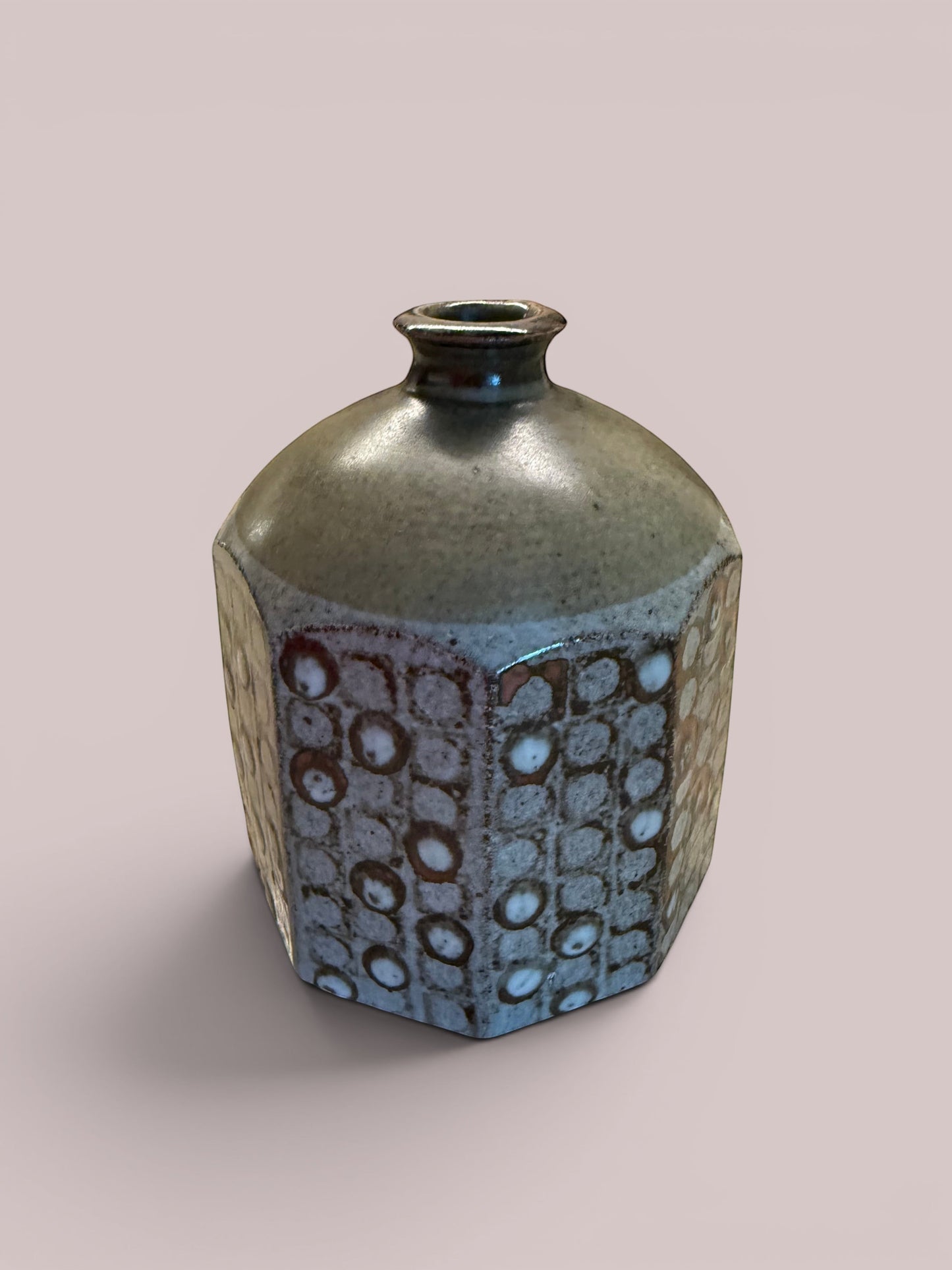 Atlas & Arden Signed Studio Stoneware Bottle Vase by Westerberg, octagonal body with impressed circles, matte ash glaze.