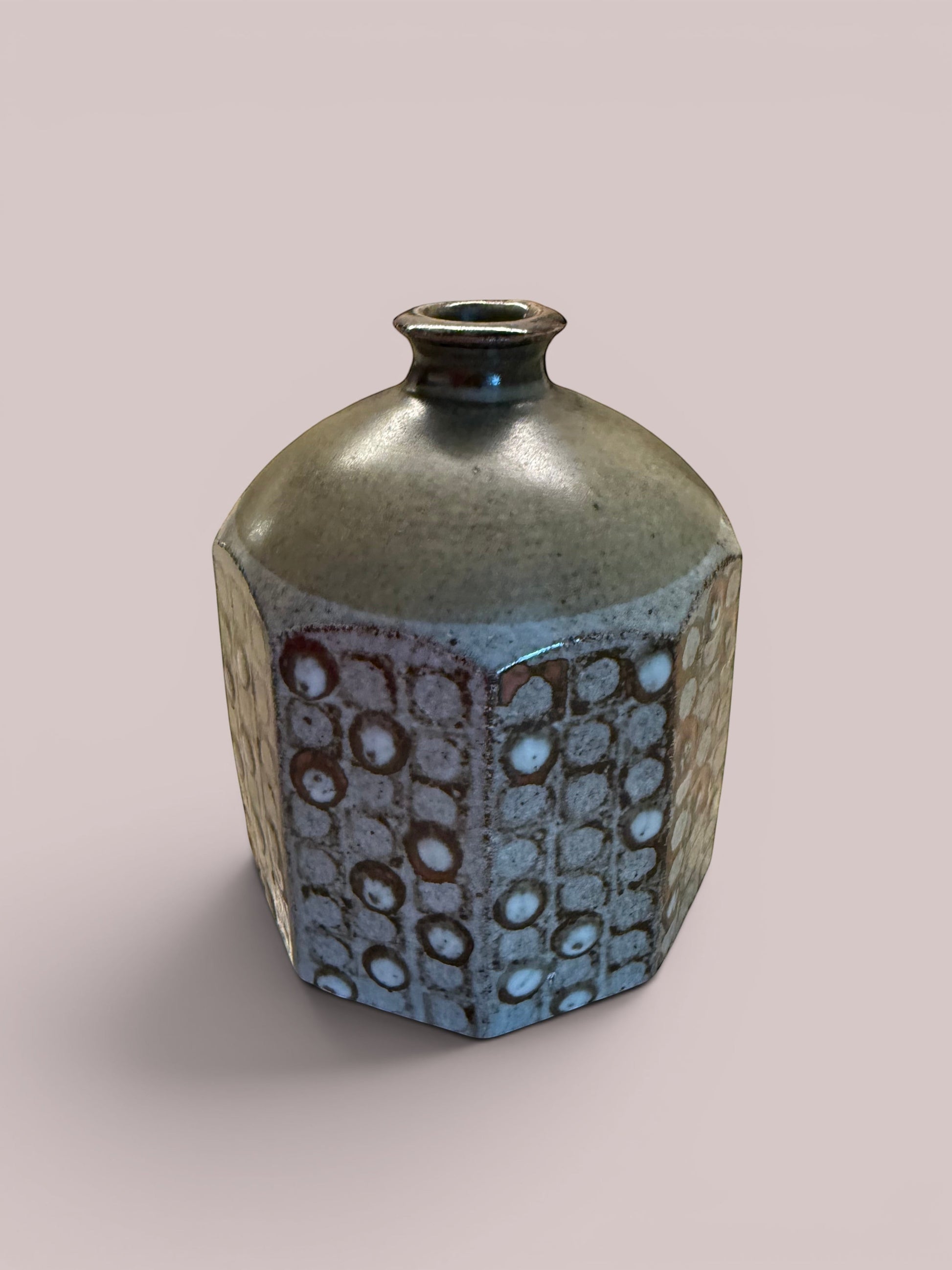 Atlas & Arden Signed Studio Stoneware Bottle Vase by Westerberg, octagonal body with impressed circles, matte ash glaze.