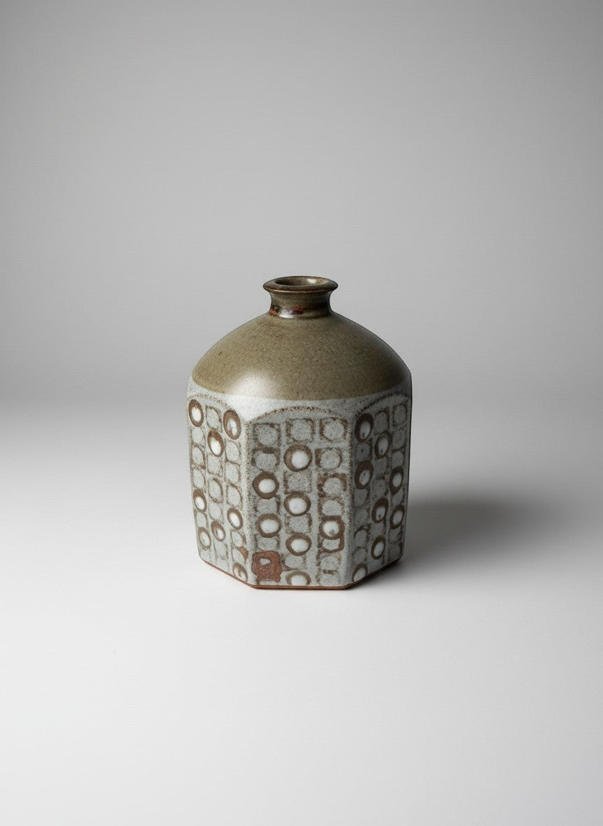 Atlas & Arden Signed Studio Stoneware Bottle Vase by Westerberg, octagonal body with impressed circles, matte ash glaze, narrow neck.