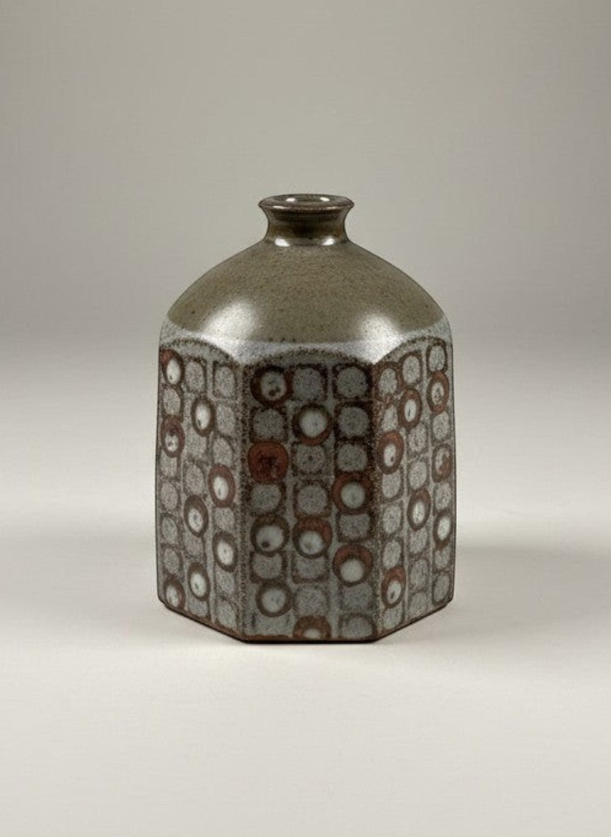 Atlas & Arden Signed Studio Stoneware Bottle Vase by Westerberg, octagonal body with impressed circles, matte ash glaze.