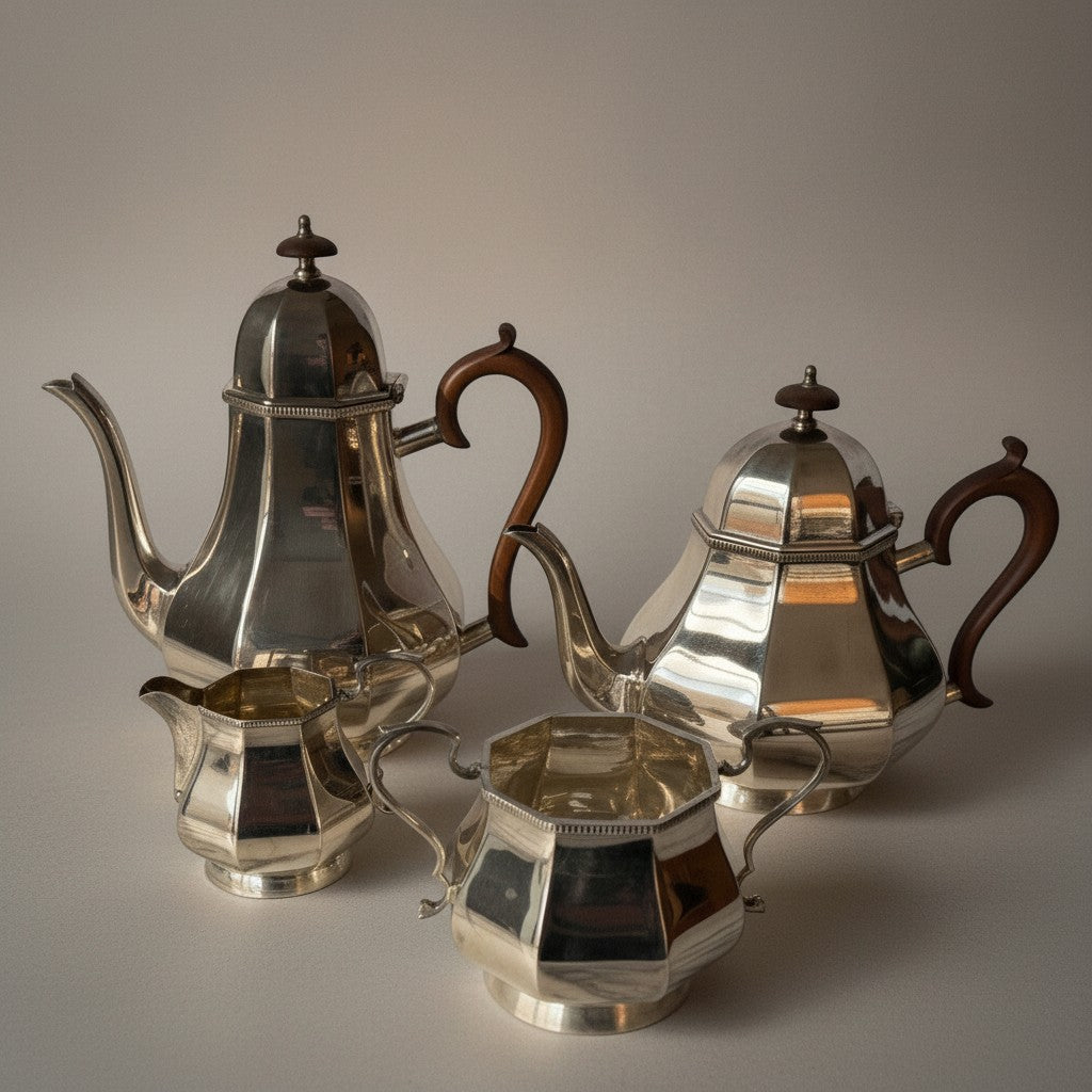 Atlas & Arden four-piece silver plate tea and coffee service with faceted bodies and warm brown Bakelite handles, mid-20th century.