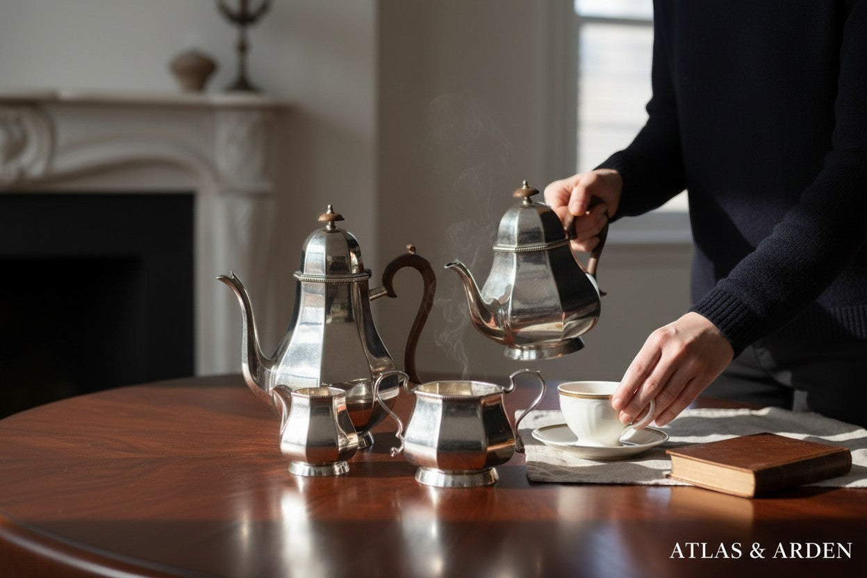 Atlas & Arden four-piece silver plate tea and coffee service with faceted bodies and brown Bakelite handles.