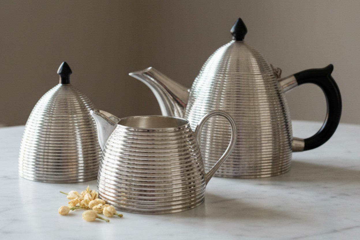 Atlas & Arden silver-plated three-piece tea service with beehive shape, ribbed pattern, and black Bakelite handle and finials.