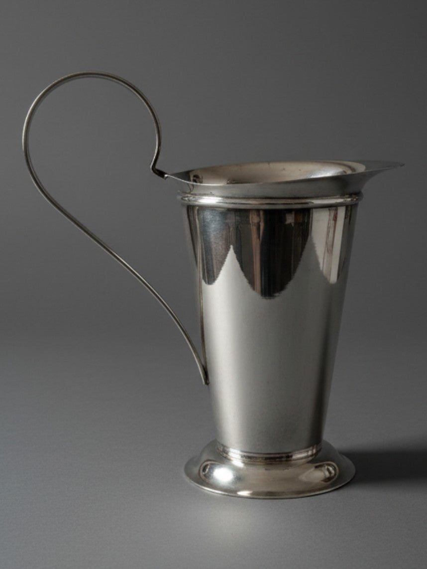 Atlas & Arden silverplate pitcher by Robert A.M. Stern for Swid Powell, featuring a Doric column design and scroll handle