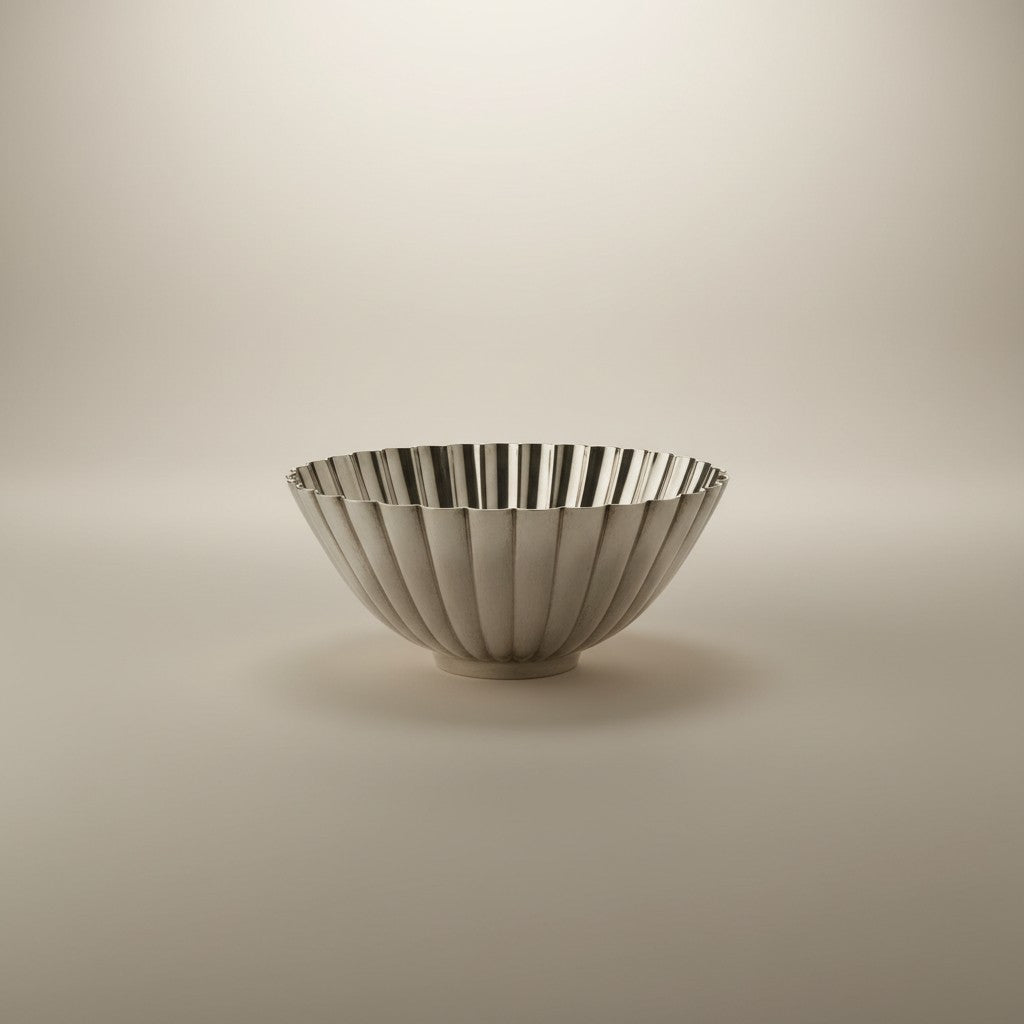 Atlas & Arden matched pair of fluted silverplate bowls with scalloped rims and pedestal feet. Mid-century design.