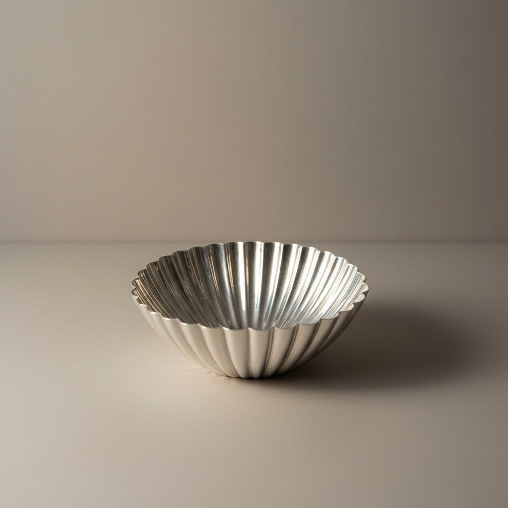 Atlas & Arden matched pair of fluted silverplate bowls with scalloped rims and pedestal feet. Mid-century design.