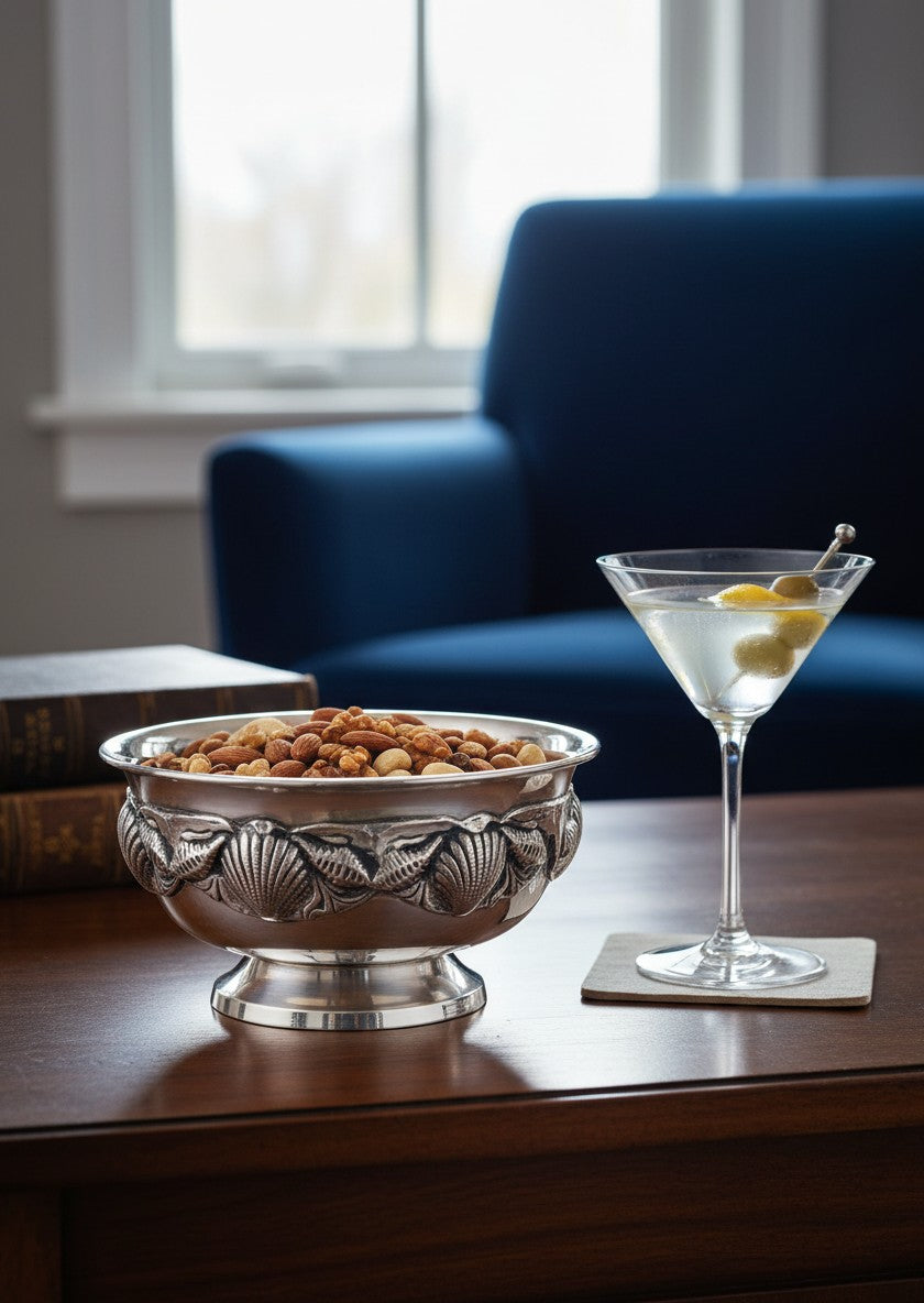 Atlas & Arden set of four silverplate footed bowls with applied shell border, mid-century design.