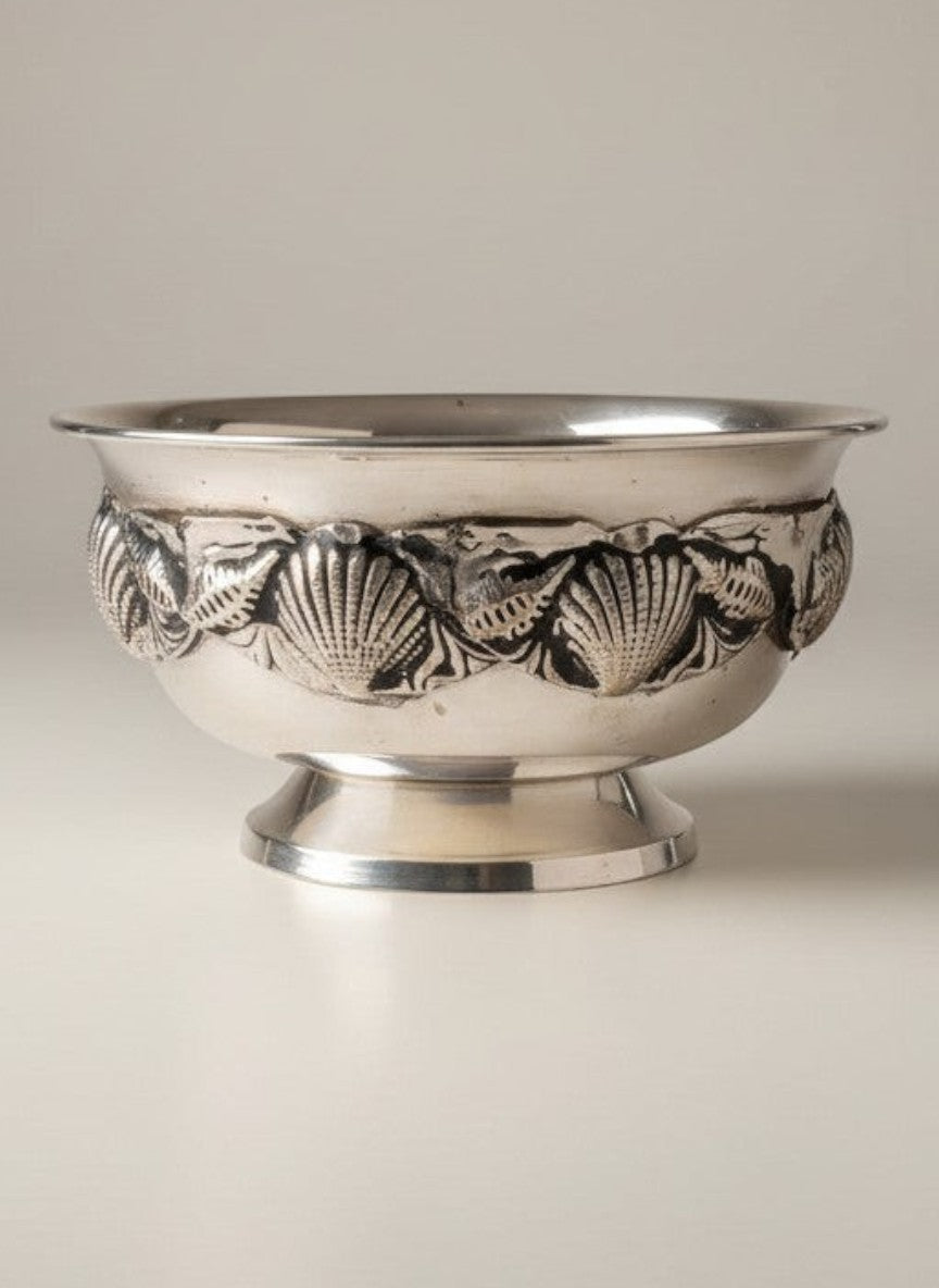Atlas & Arden set of four silverplate footed bowls with applied shell border, mid-century style.