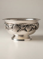 Atlas & Arden set of four silverplate footed bowls with applied shell border, mid-century style.