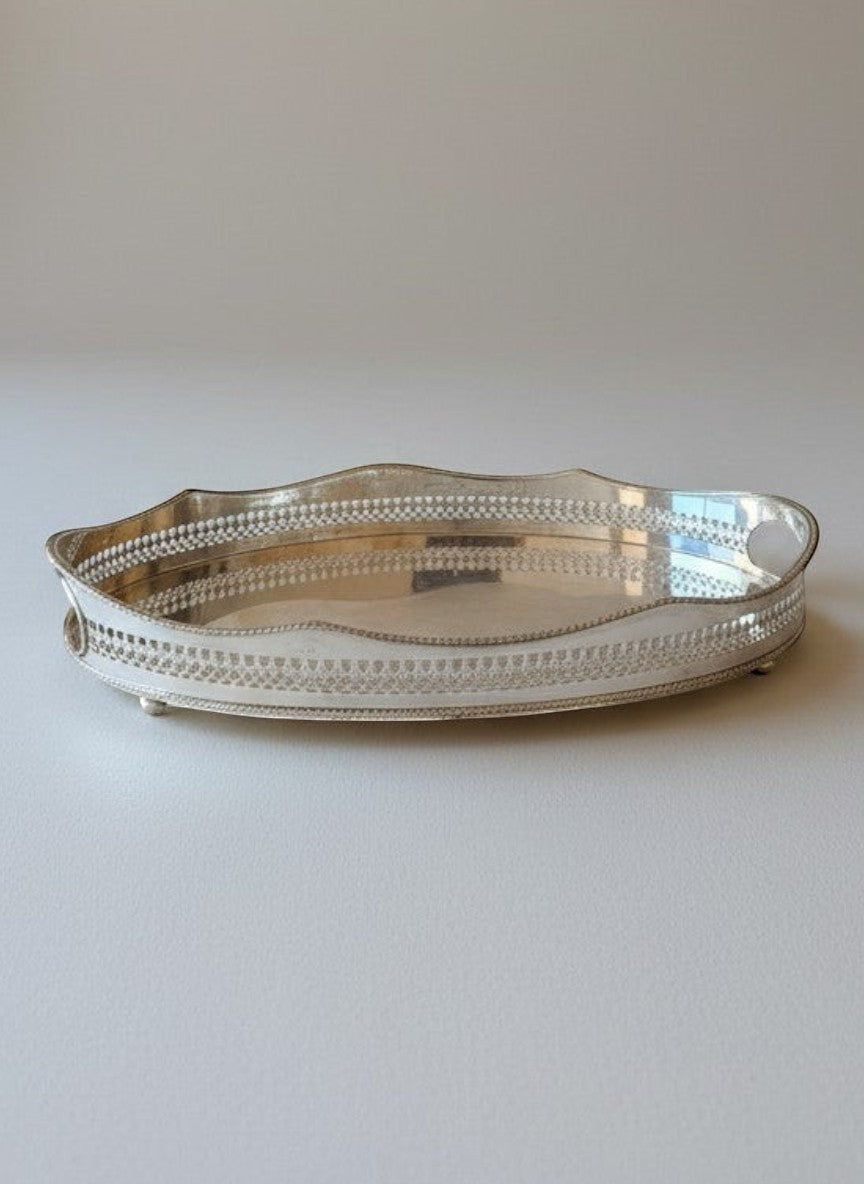 Atlas & Arden oval silverplate gallery tray with pierced rail, scalloped edge, beaded rim, and cut-out handles. Vintage English silverplate.