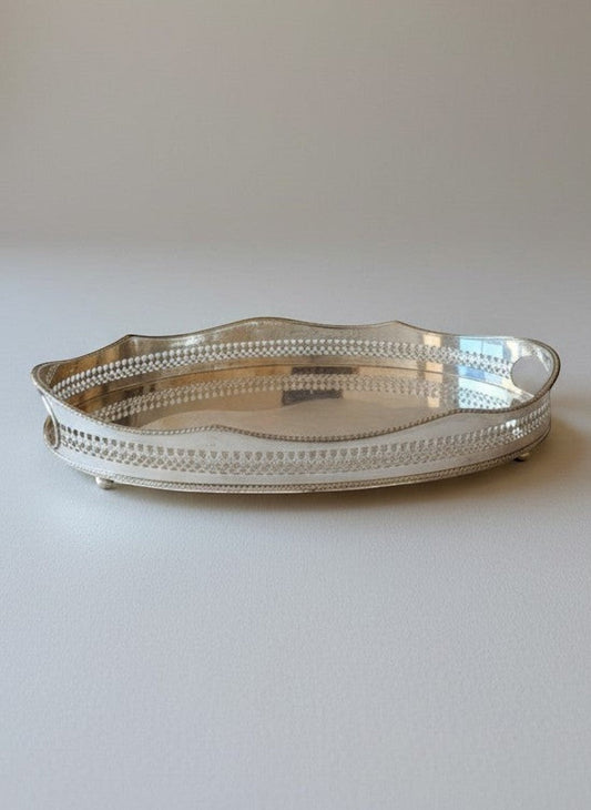 Atlas & Arden oval silverplate gallery tray with pierced rail, scalloped edge, beaded rim, and cut-out handles. Vintage English silverplate.