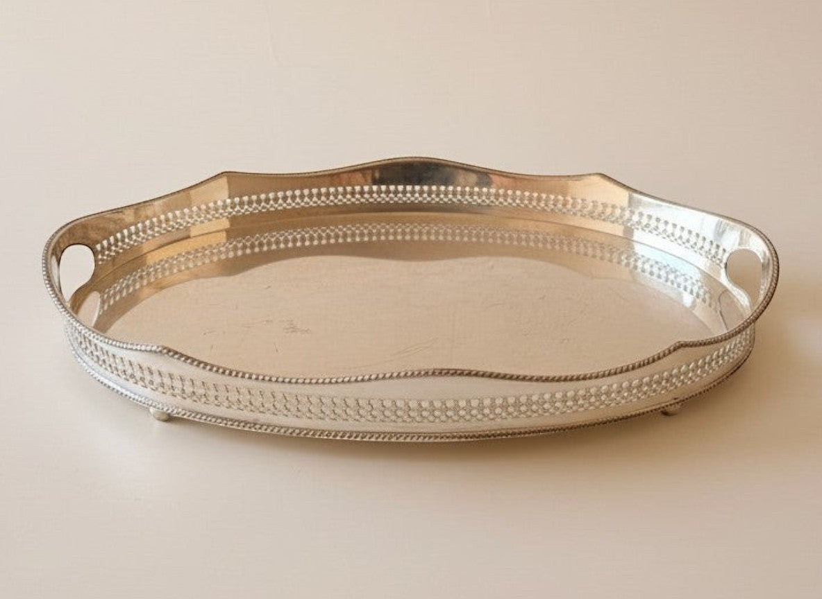 Atlas & Arden oval silverplate gallery tray with pierced rail, scalloped edge, beaded rim, and cut-out handles.