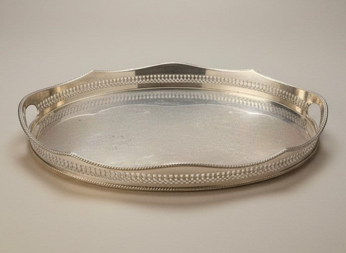 Atlas & Arden oval silverplate gallery tray with pierced reticulated rail, scalloped edge, beaded rim, and cut-out handles.