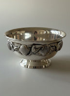 Atlas & Arden set of four silverplate footed bowls with applied shell border, mid-century style, perfect for sorbet or nuts.