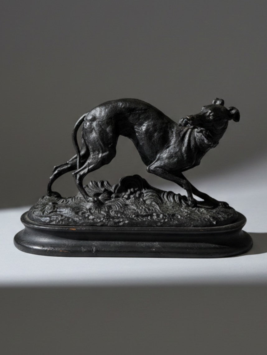 Atlas & Arden cast spelter greyhound sculpture after Pierre-Jules Mene, featuring a dark bronze-patina finish on wood base.