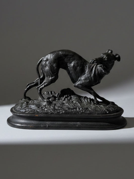Atlas & Arden cast spelter greyhound sculpture after Pierre-Jules Mene, featuring a dark bronze-patina finish on wood base.