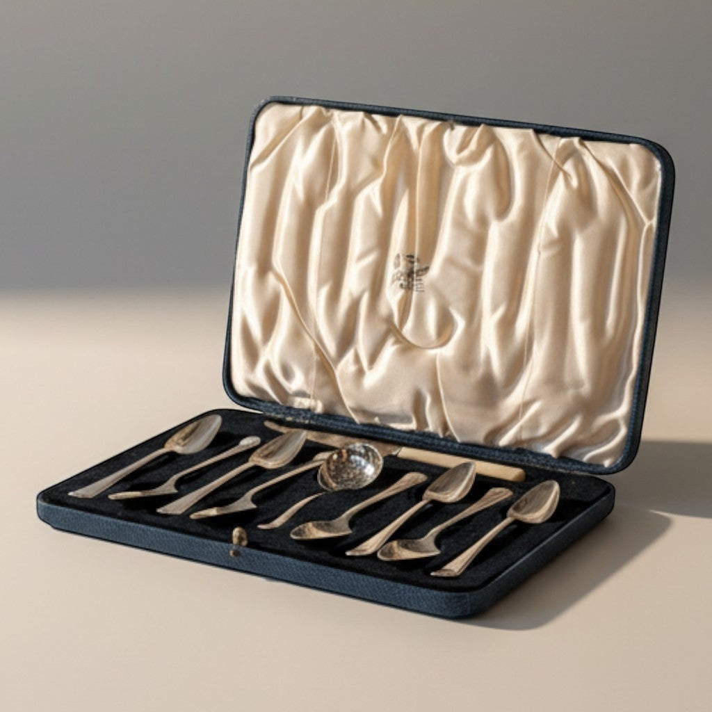 Atlas & Arden cased sterling silver tea set with eight teaspoons and a tea strainer spoon in a blue presentation case.