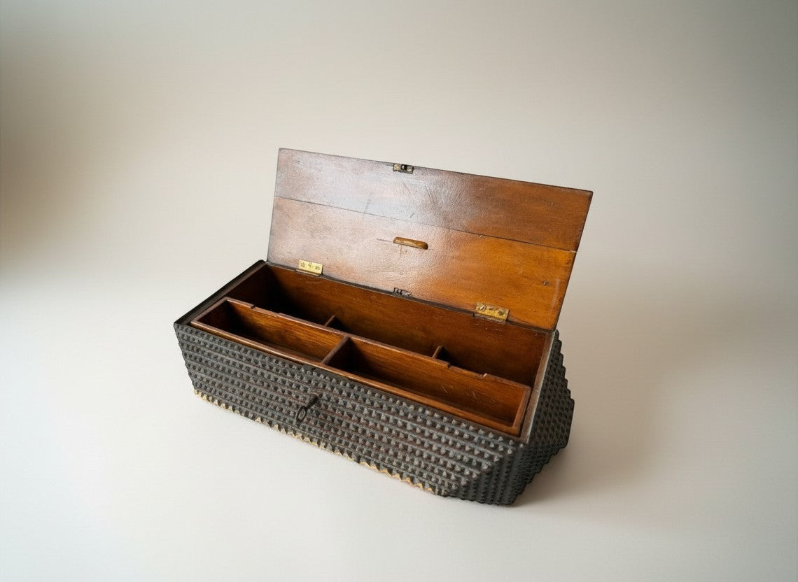 Atlas & Arden 19th-century tramp art wooden box with chip-carved geometric pattern, original key, and removable tray.
