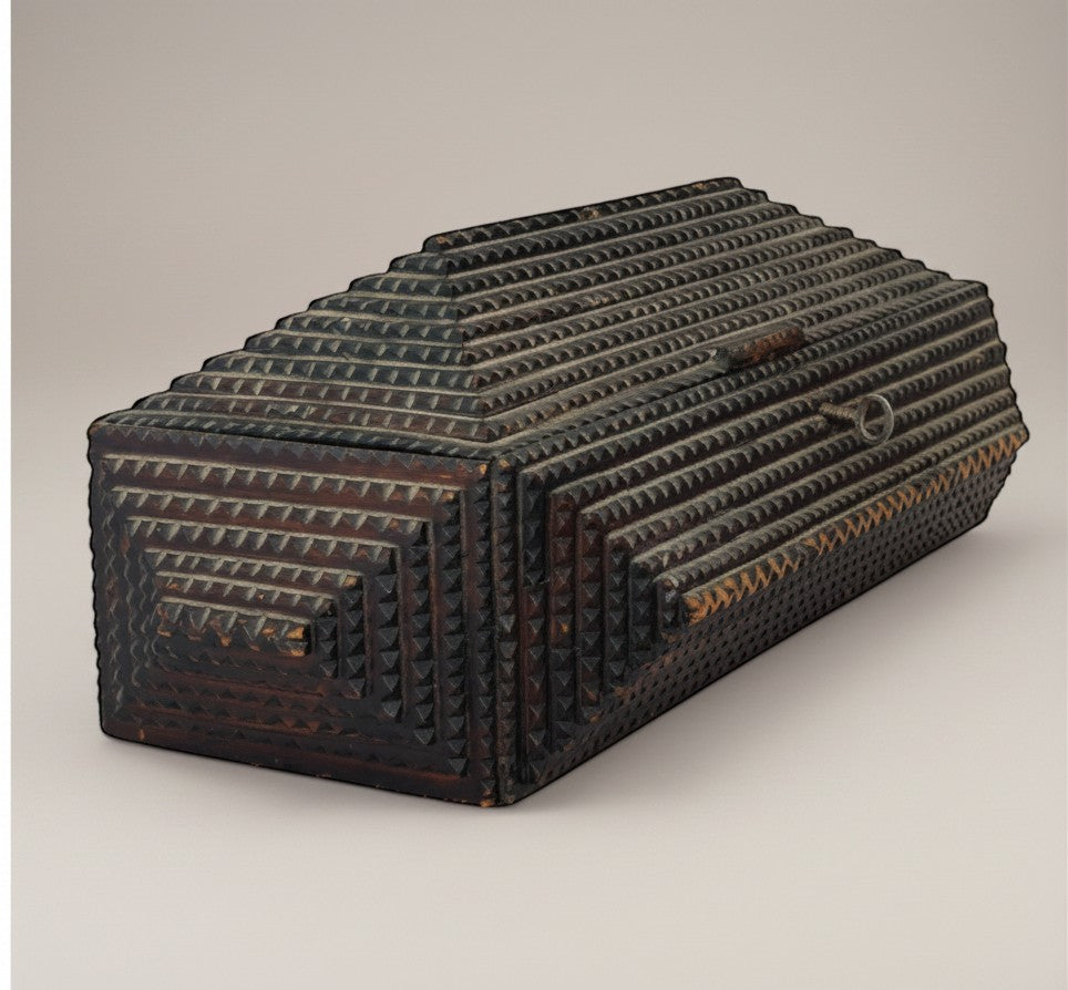 Atlas & Arden 19th-century tramp art wooden box with chip-carved geometric pattern, original key, and removable tray.