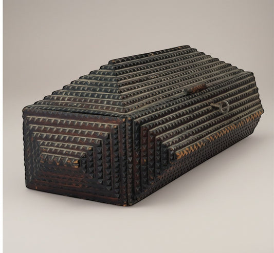 Atlas & Arden 19th-century tramp art wooden box with chip-carved geometric pattern, original key, and removable tray.