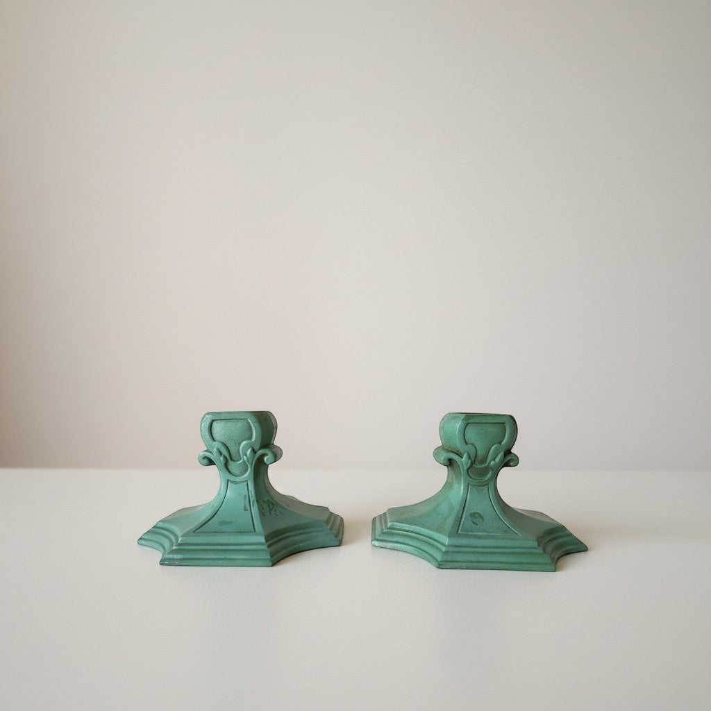 Atlas & Arden pair of verdigris matte glaze ceramic Art Deco candleholders, 1920s-30s. Architectural design with stepped base.