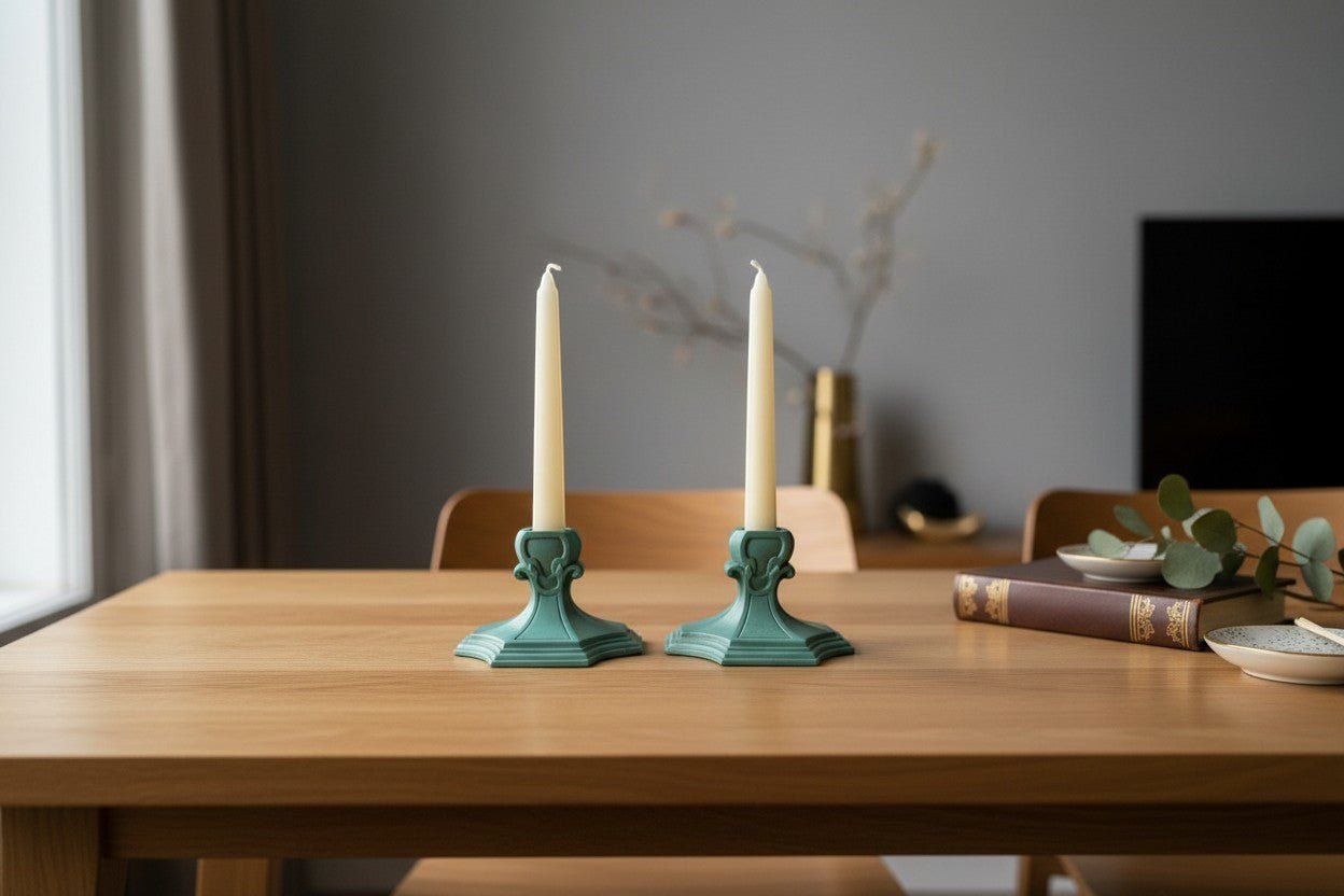 Atlas & Arden pair of verdigris matte glaze ceramic Art Deco candleholders, 1920s-30s.