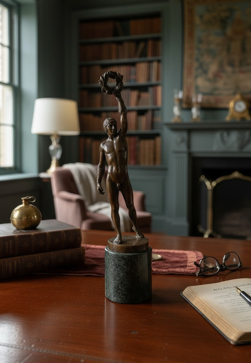 Atlas & Arden Patinated bronze figure of a victorious athlete, c. 1900-1920, raising a laurel branch. Idealized academic style, nude with sandals.