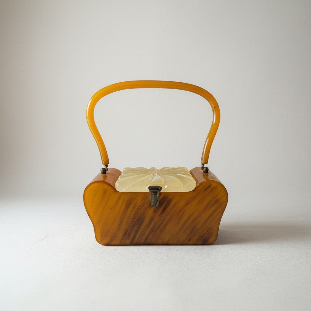 Atlas & Arden vintage 1950s marbled butterscotch Bakelite box purse with carved frosted Lucite starburst lid and rigid handle.