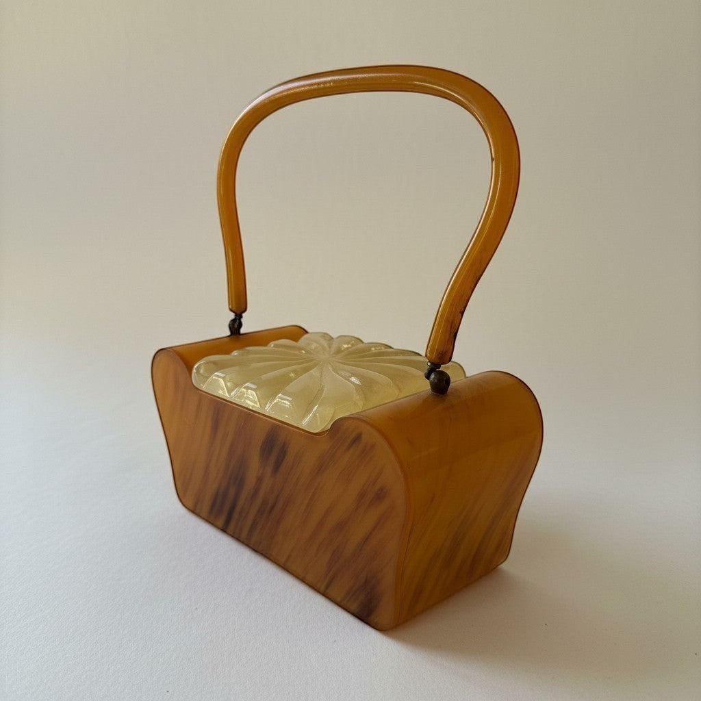 Atlas & Arden vintage 1950s butterscotch marbled Bakelite box purse with carved pearlized cream Lucite lid and arched handle.