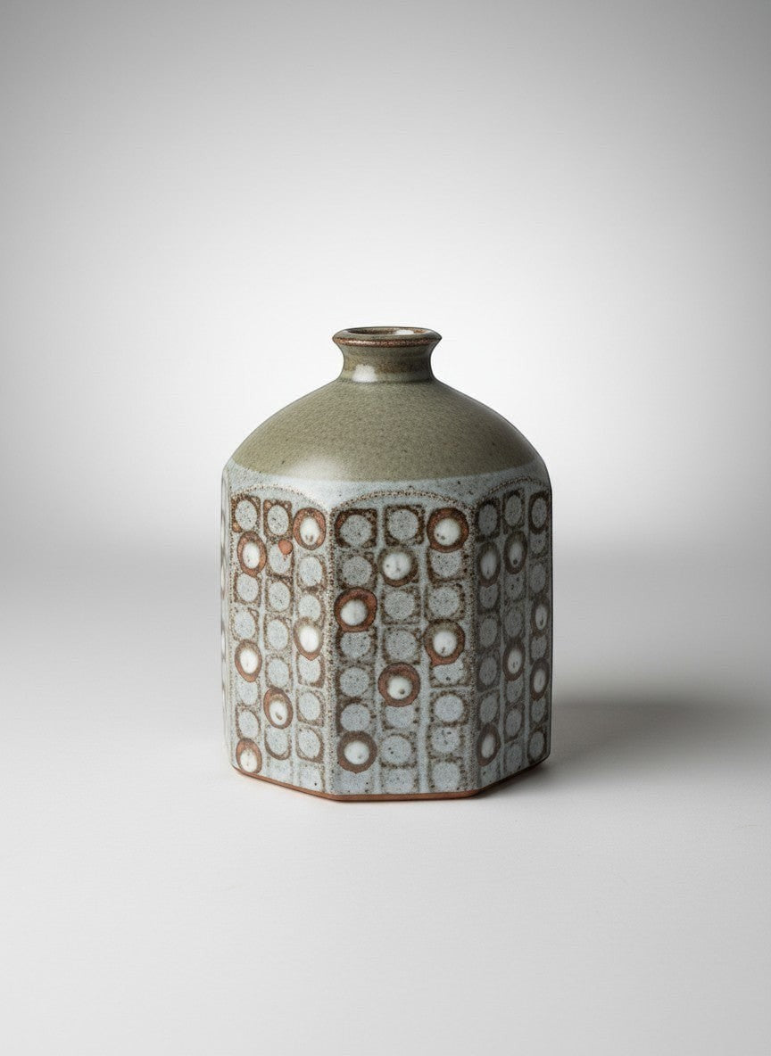 Atlas & Arden Signed Studio Stoneware Bottle Vase by Westerberg, octagonal body with impressed circles, matte ash glaze, narrow neck.