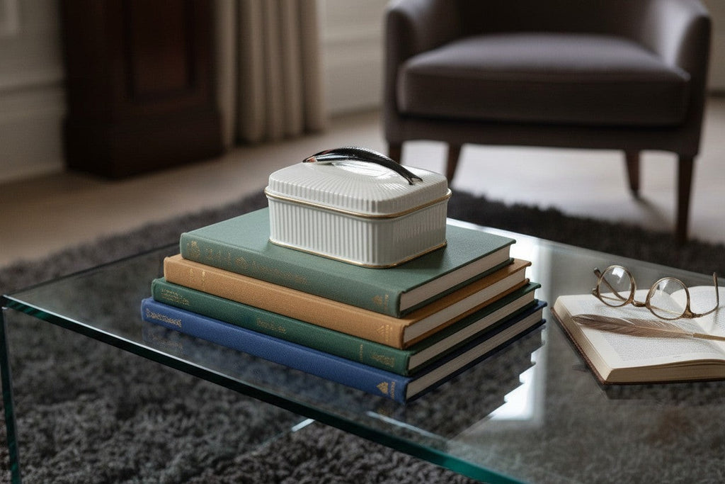 Atlas & Arden mid-century white ribbed porcelain sardine box with gold trim and fish handle.