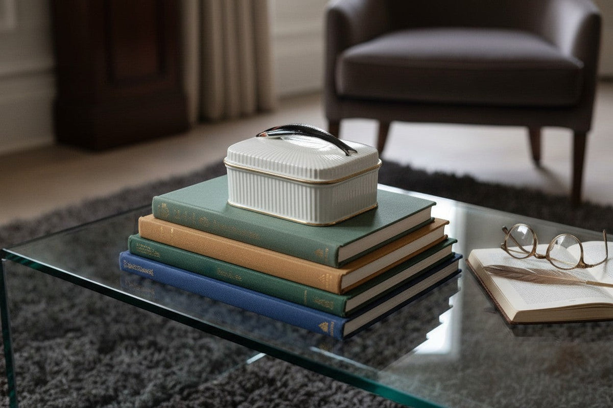 Atlas & Arden mid-century white ribbed porcelain sardine box with gold trim and fish handle.
