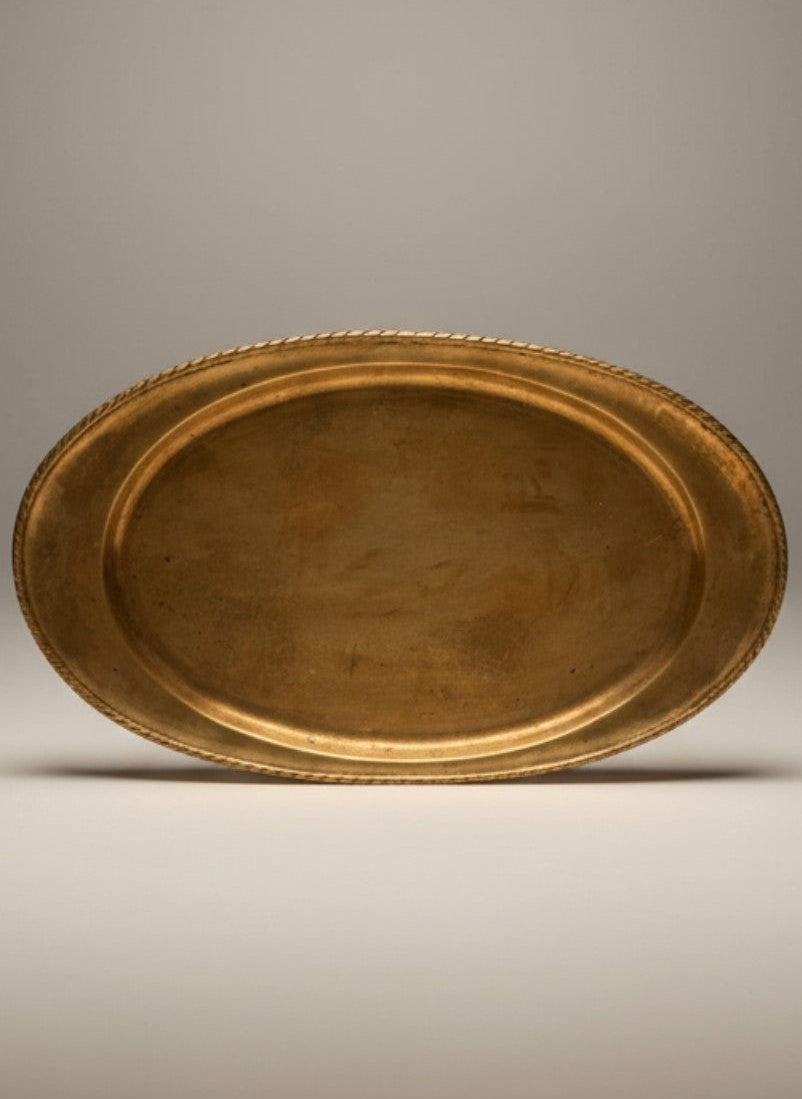 Atlas & Arden Ystad Metall Swedish brass serving platter with hand-hammered surface and twisted rope rim. Mid-20th century.