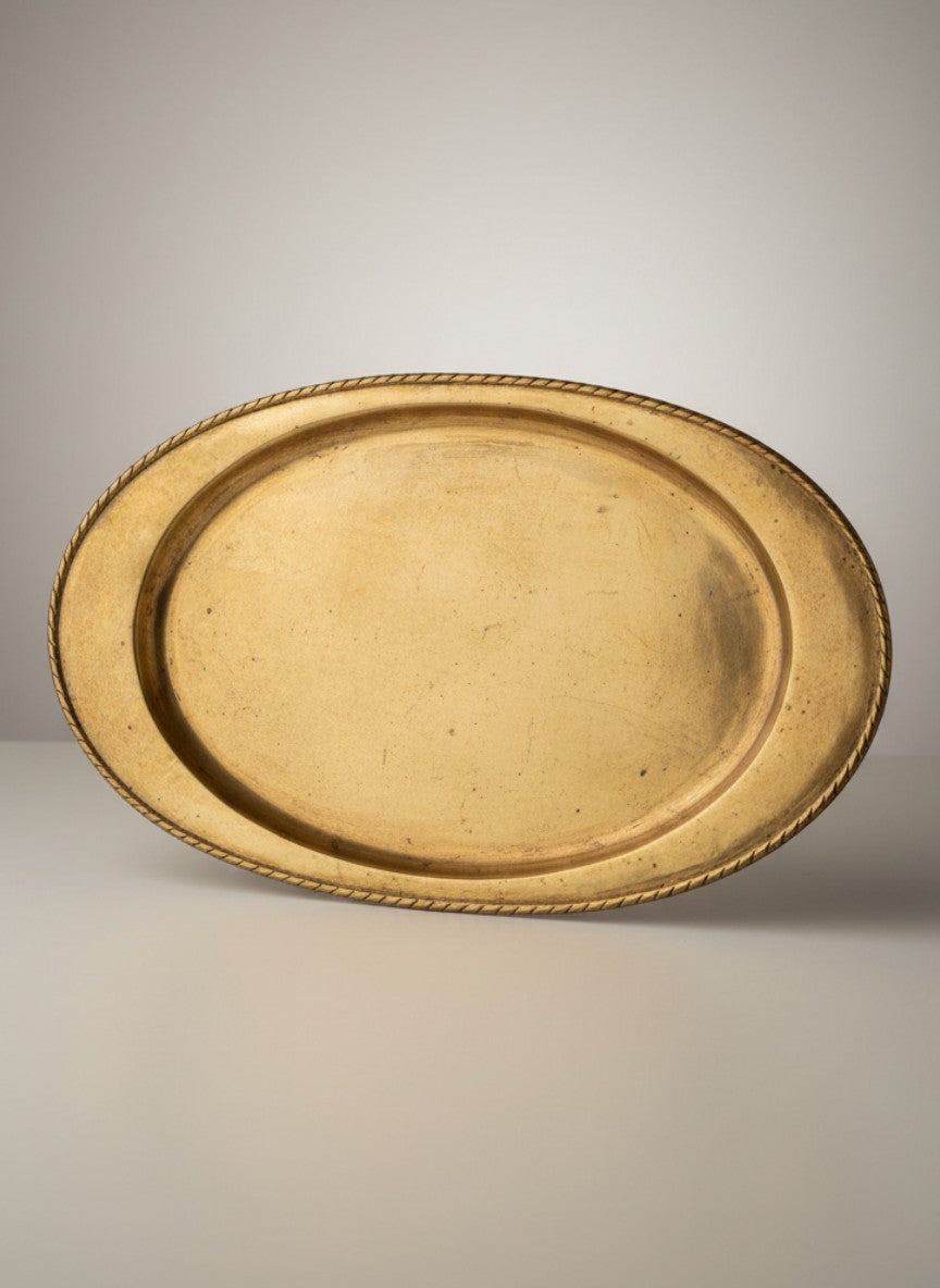 Atlas & Arden Ystad Metall oval brass serving platter with twisted rope rim and hand-hammered surface, mid-century Swedish design.