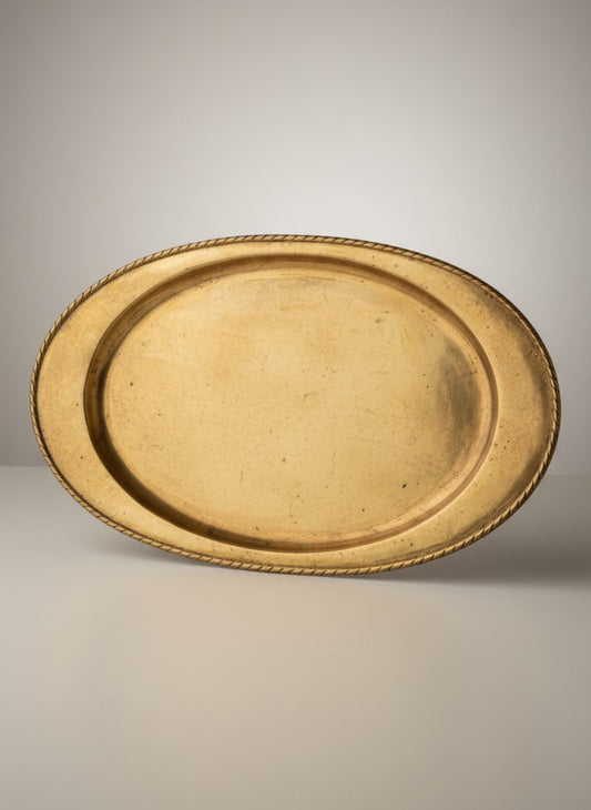 Atlas & Arden Ystad Metall oval brass serving platter with twisted rope rim and hand-hammered surface, mid-century Swedish design.