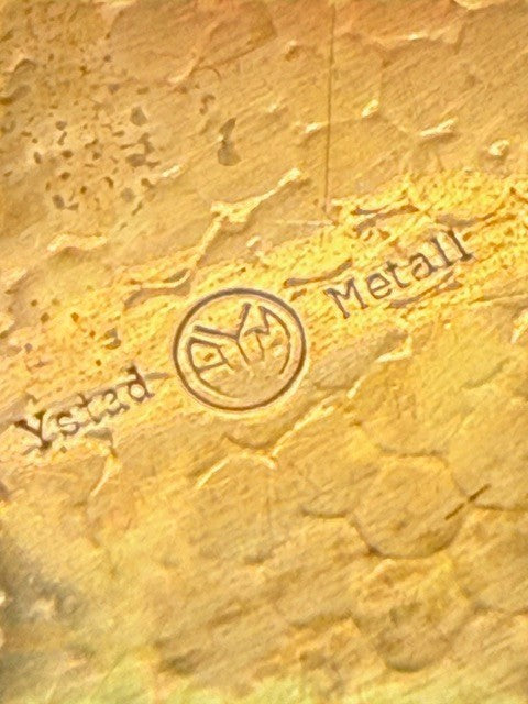 Atlas & Arden Ystad Metall Swedish brass serving platter with hand-hammered texture and twisted rope rim. Mid-20th century.