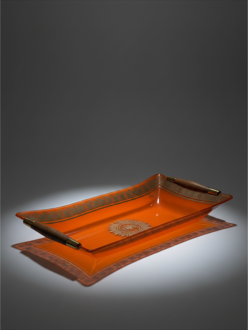 Georges Briard orange glass serving tray with gilt decoration, dark wood handles and brass-tone fittings, circa 1960s.