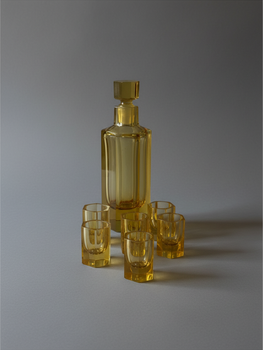 Amber crystal decanter and cordial set showing the warm honey-colored crystal.
