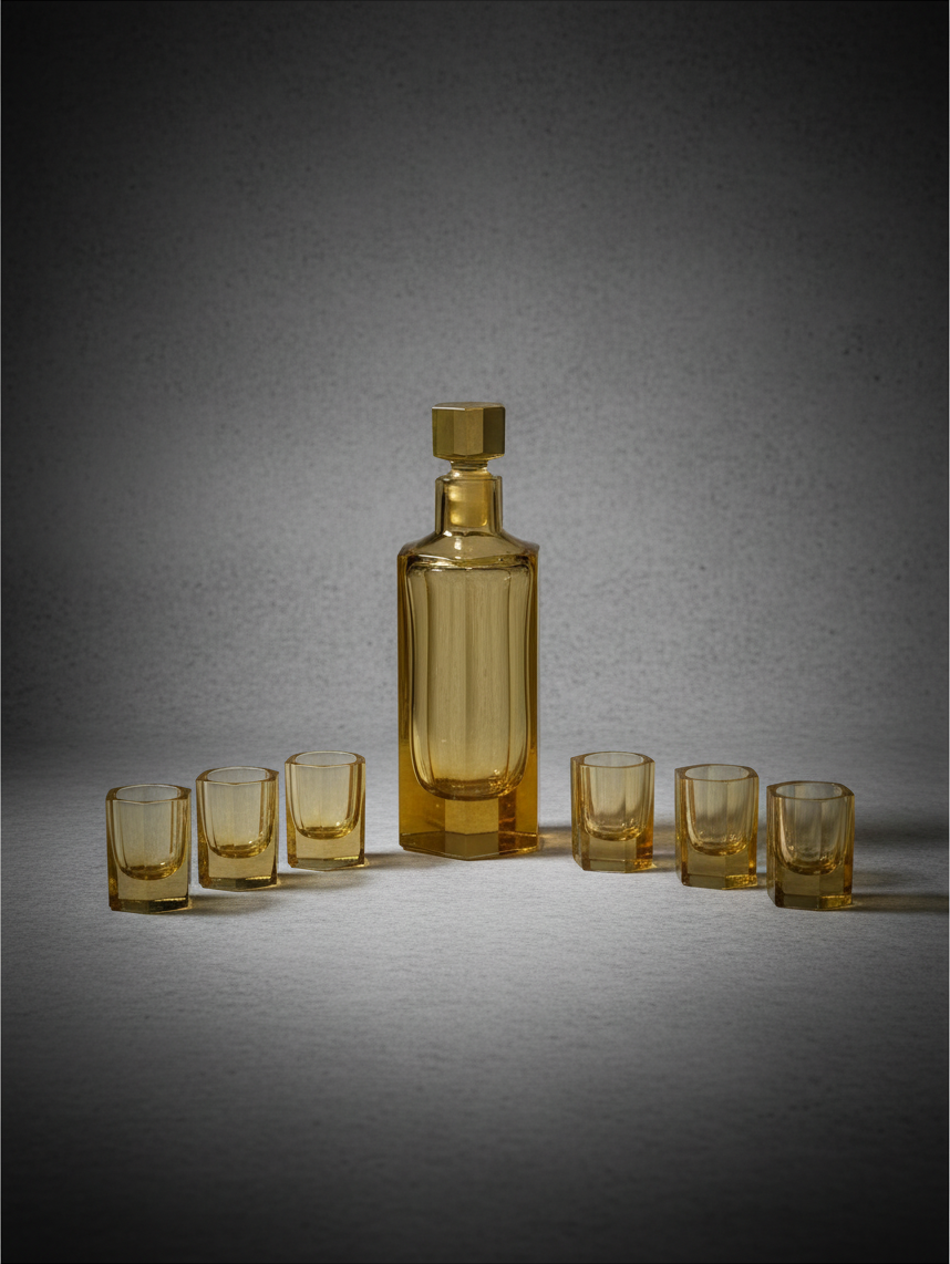 Detail of the faceted amber crystal and architectural geometric form of the bar set.