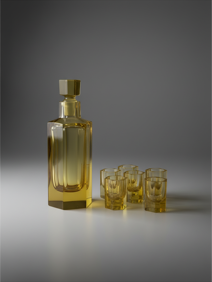 Amber crystal decanter with six matching cordials, mid-twentieth century bar set.