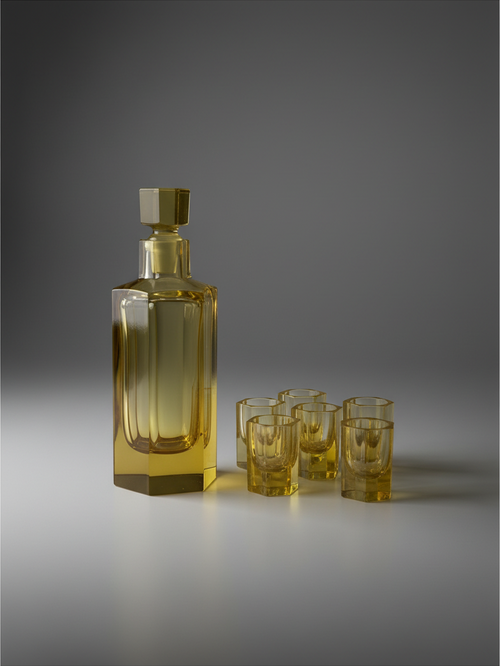 Amber crystal decanter with six matching cordials, mid-twentieth century bar set.